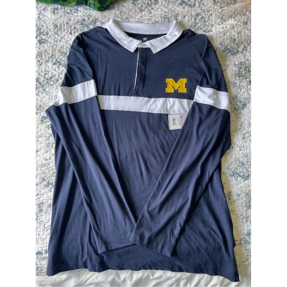 Colosseum Navy and White Long-Sleeve Polo with Yellow M Patch